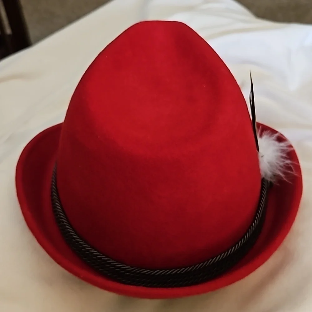 Vtg Traditional Austrian Alpine Tomato Red Tyrolean Felt Fedora Festival Hat - Picture 4 of 8